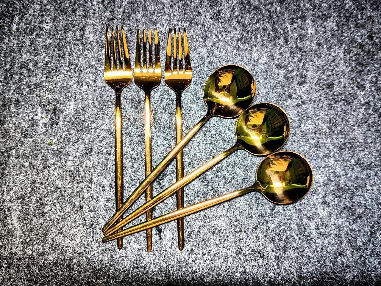 Picture of 6 Pcs 8 inch Stainless Steel Golden Fork & Spoon Set 