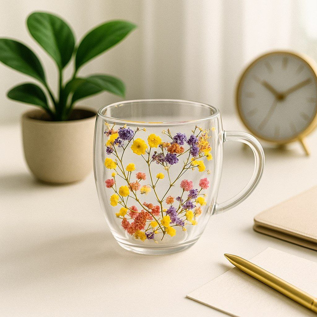 Picture of Double-Layered Dried Yellow Flower Cup with high quality Borosilicate Glass